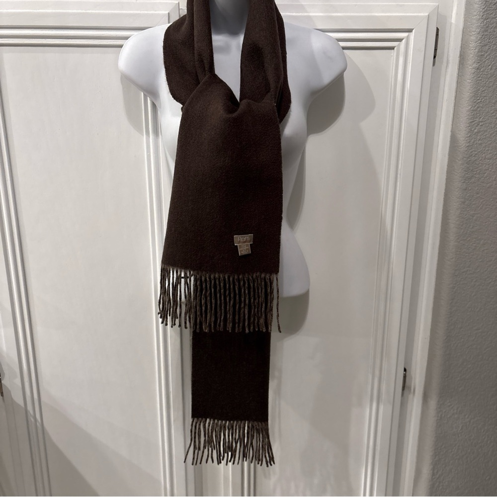 EUC Raffi  100% Pure Cashmere Scarf 68” X 11” Fringe Reversible Brown Beige